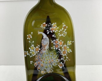 Glass Peacock Wall Hanging Hand Painted on Green Jar Shape 13" x 6"