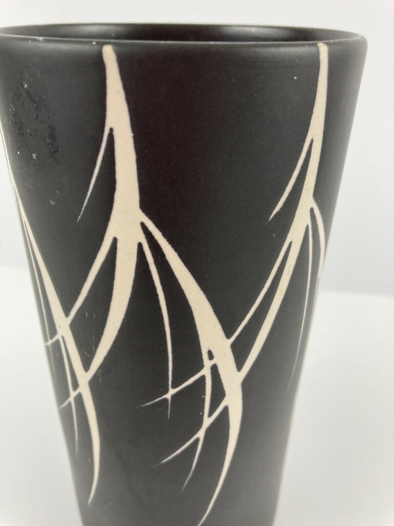 Vintage 1960s Pottery Cylinder Black Flower Vase Wood Branches Retro Decor 画像 3