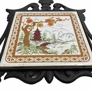 Vintage FM Japan Ceramic Tile Cast Iron Oriental Scene Footed Trivet