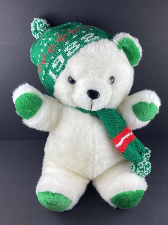 Vintage 1988 Kmart White Plush Teddy Bear With Green Paws Hat Etsy