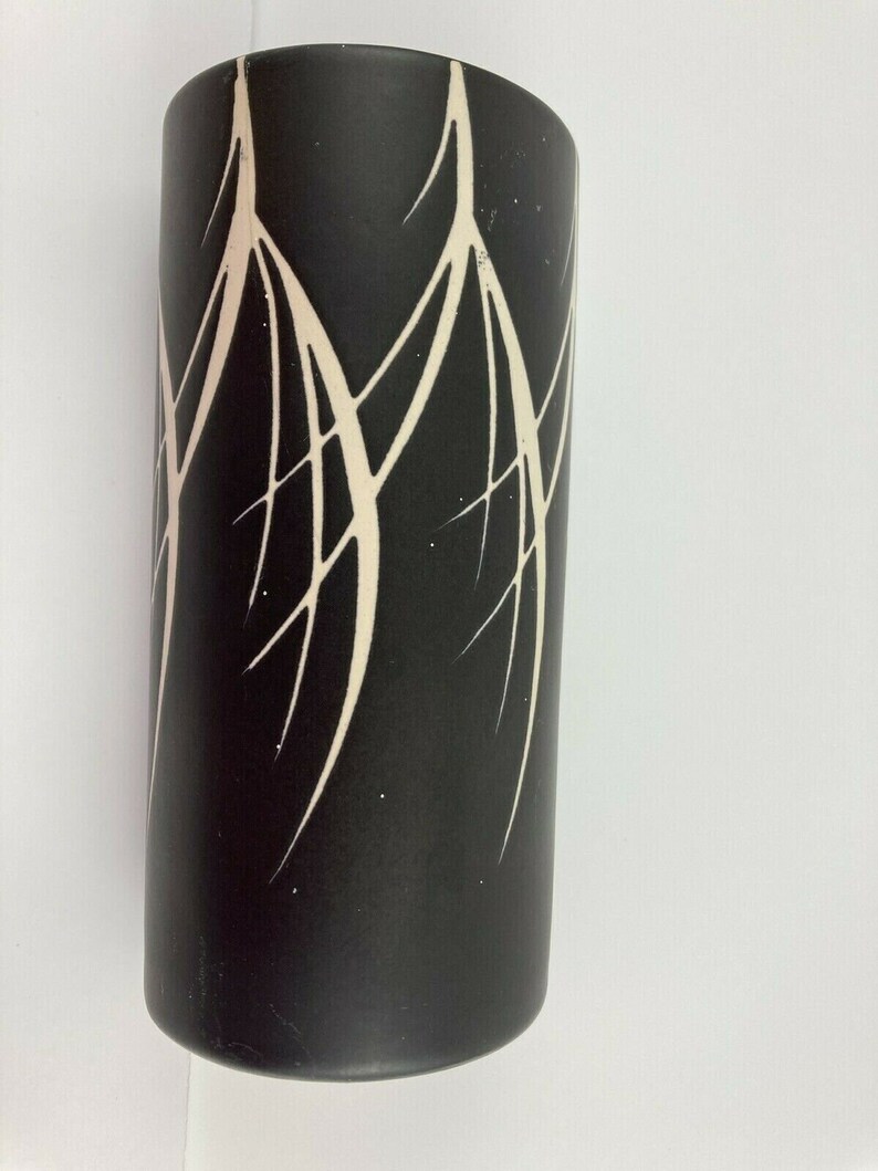 Vintage 1960s Pottery Cylinder Black Flower Vase Wood Branches Retro Decor 画像 4