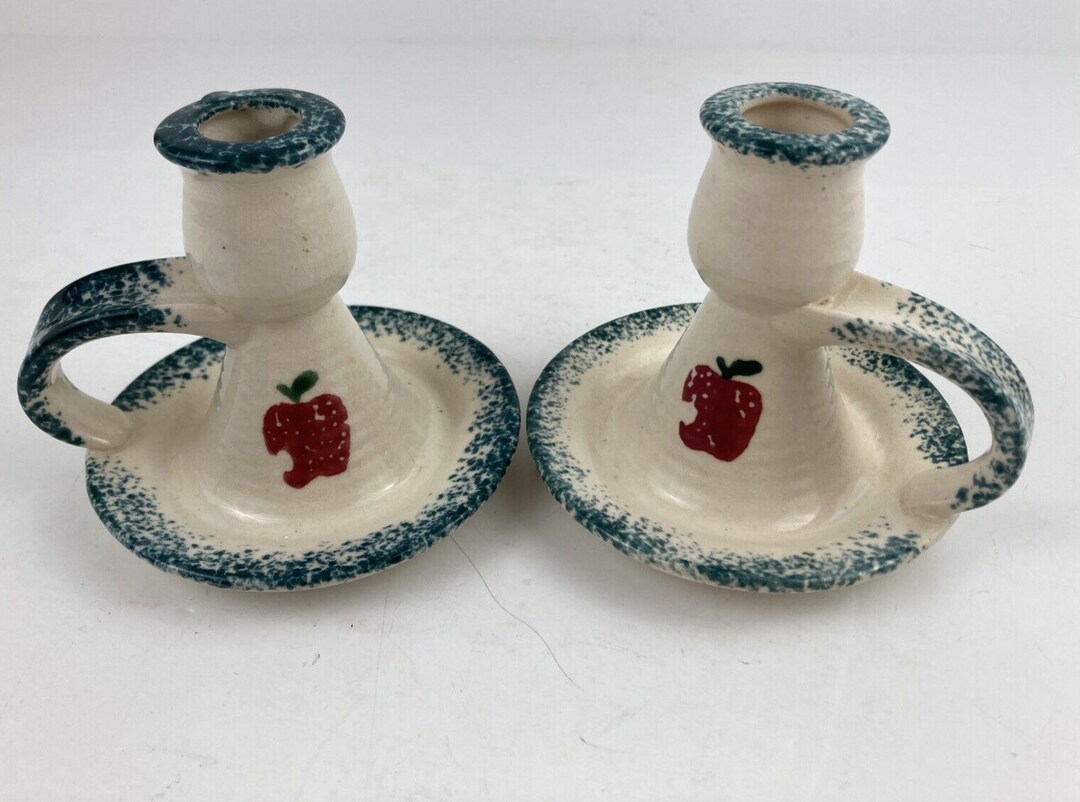 Pair of Loomco Hermitage Blue Spongeware Apple Candlestick Etsy