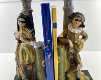 Vintage Harlequin Mardi Gras Masks Masquerade Bookends Wine Bottle Decanters