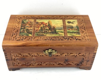 Vintage Wood Treasure Keepsake Trinket Jewelry Box w Inside Mirror Cottage Lid