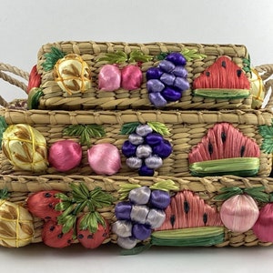 Vintage Hand Woven Nesting Straw Raffia Square Baskets w 3D Fruit Rope Handles
