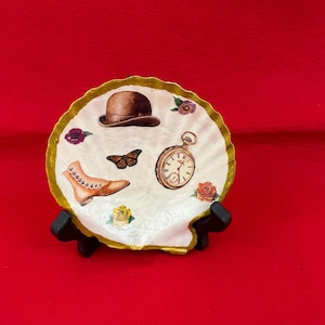 Seashell Hand Painted Jewelry Dish Natural Shell with Decoupage Reto Shell Art