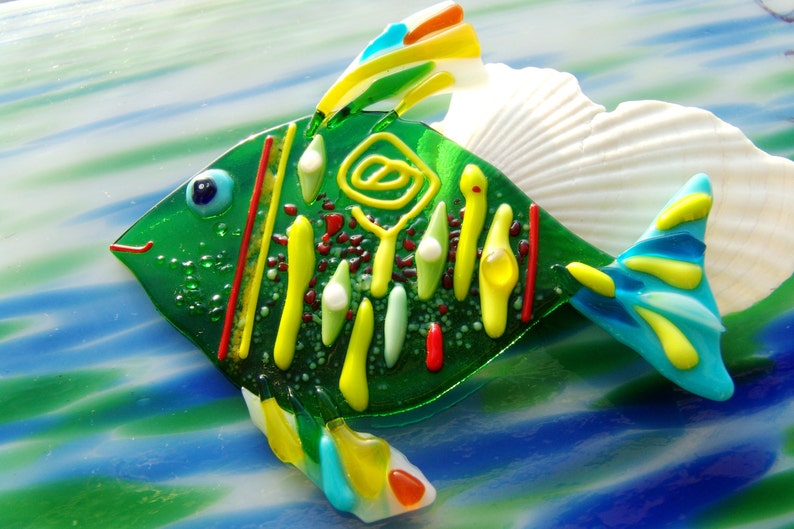 Green Fish Glass Decor Stained Glass Nautical Bathroom Etsy