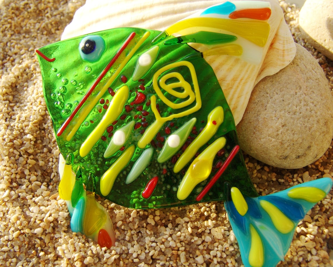 Green Fish Glass Decor Stained Glass Nautical Bathroom Etsy