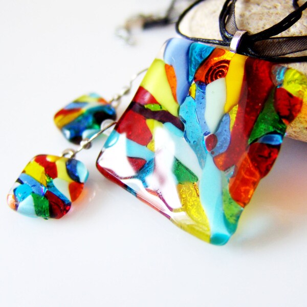 Set jewelry Multicolor Glass Necklace and Earrings, Fused Glass Jewelry Set, Glass Dangle Earrings and Pendant