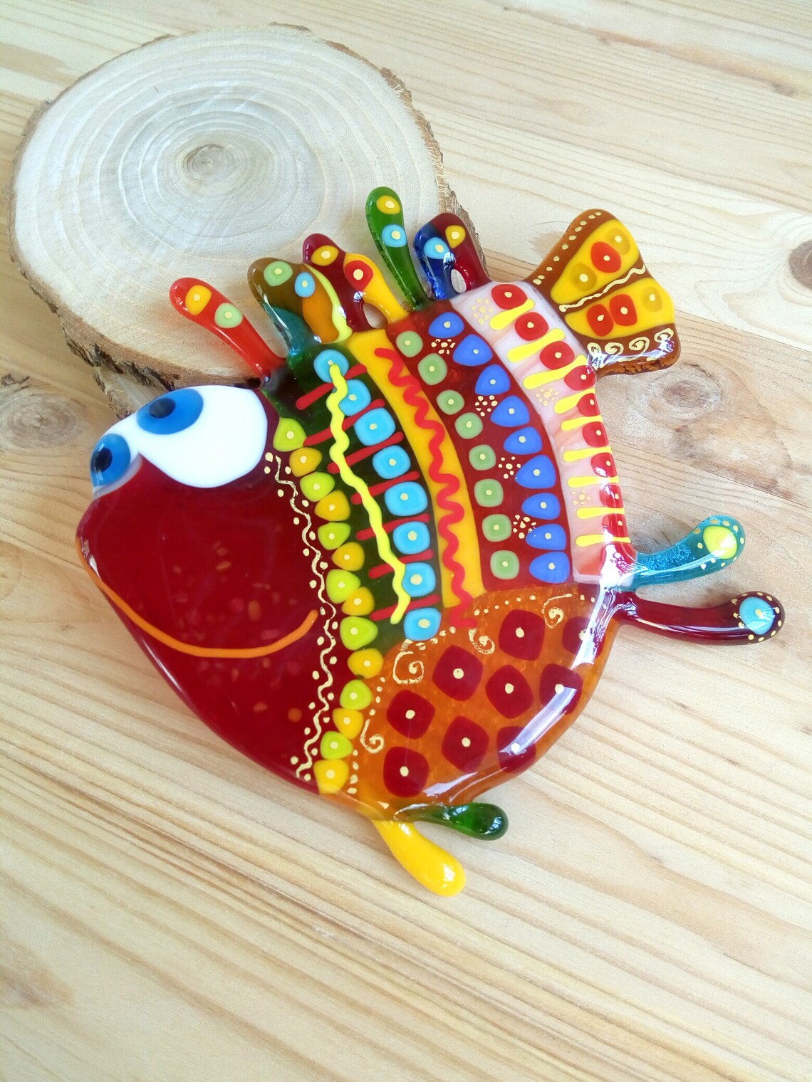 Red Fancy Fused Glass Fish. Beach Art. Rainbow Glass Fish Etsy