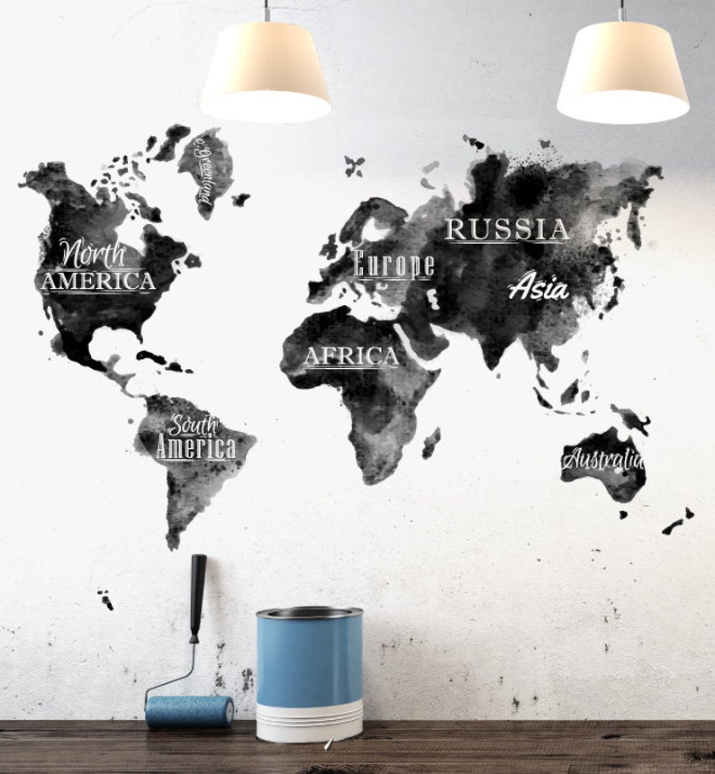 watercolor black & white world map wall decal | etsy