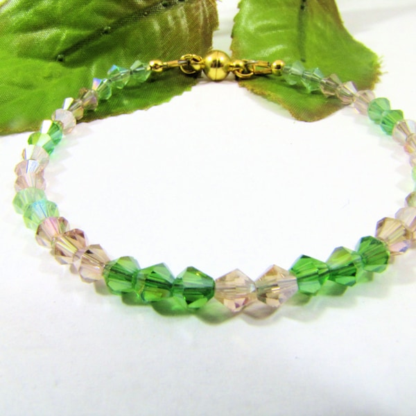 Bracelet Adorned with Green and Topaz Swarovski Crystals and Gold Plated Magnetic Clasp