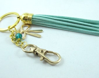 Mint Green Leather Tassel Keychain with Swarovski Blue Zircon Bead and Bow