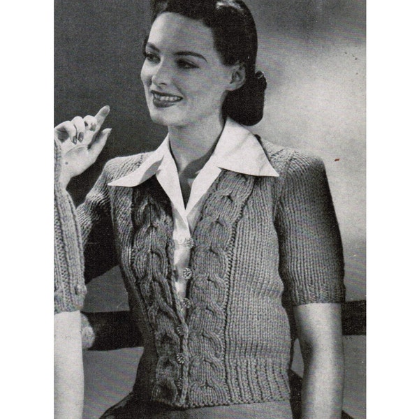 1940's Woman's Fitted Cardigan Knitting Pattern PDF / Vintage Fitted Cable Sweater Pattern / Mad Men Sweater / Instant Download