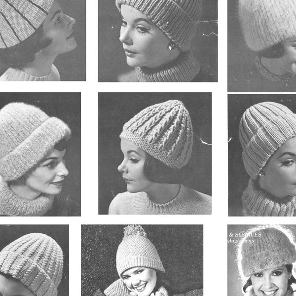 Vintage knitted women's hat patterns PDF / 8 hat patterns with variations / women's hat pattern / Women's pompom hat / Toque patterns