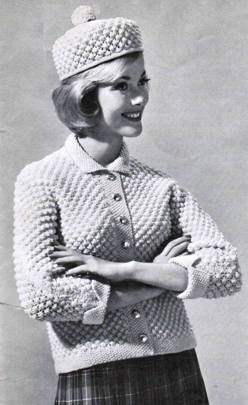 Popcorn Sweater Set Pattern PDF / Sizes 12 14 16 18 / Women's Popcorn sweater and hat patterns / Vintage knitting pattern / madmen sweater image 1