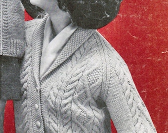 Women's Arran Cardigan Knitting Pattern PDF / Sizes 12 14 16 18  / Shawl Collared Aran buttoned cardigan pattern /  Fisherman's knit sweater