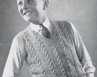 Boys Cable Pullover Vest Knitting Pattern PDF / Size 14 / 1940's Knitted Cable Sleeveless or Sleeved Pullover / Teens vest pattern