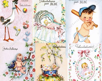 1960's French Baby Cards Digital Images JPEG / Instant download Baby Gift Card Images / bébé carte / Carte Félicitations pour une naissance