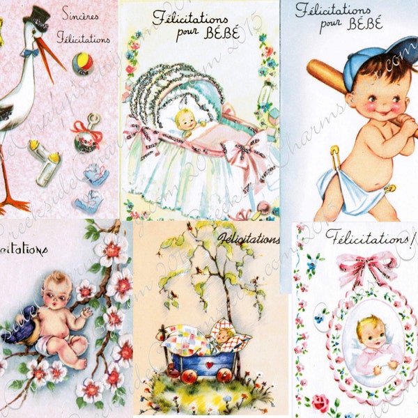1960's French Baby Cards Digital Images JPEG / Instant download Baby Gift Card Images / bébé carte / Carte Félicitations pour une naissance