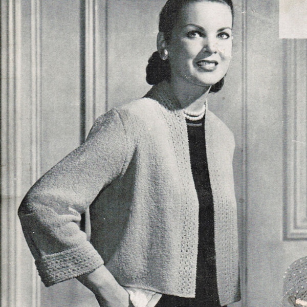 Women's Cropped Jacket with Ripple Back Knitting Pattern PDF / Vintage Women's sweater pattern / Mad Men / Classic 1950's knitted jacket