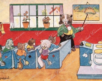 Kittens in School Vintage Postcard JPEG Instant Download / Vintage Classroom Postcard Digital Image / 1940's Anthropomorphic Cats