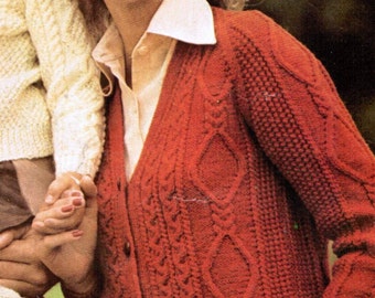 Aran Adult's V-neck Cardigan Knitting Pattern PDF / Sizes 34 to 44 inches / Cable diamond pattern cardigan / Fisherman knit