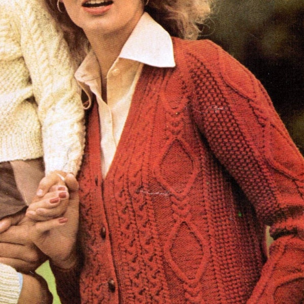 Aran Adult's V-neck Cardigan Knitting Pattern PDF / Sizes 34 to 44 inches / Cable diamond pattern cardigan / Fisherman knit