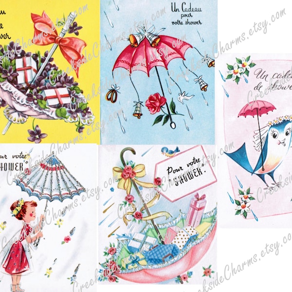 1960's French Shower Cards Digital Images JPEG / Instant download Shower Gift Card Images / Cadeau de shower carte