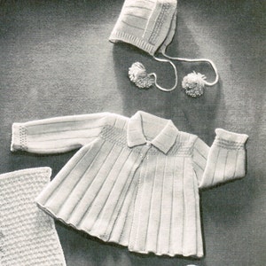 Modèle de tricot d'ensemble côtelé 5 pièces pour bébés PDF / Tailles 4 mois et 6-9 mois / Ensemble en tricot pour bébé plissé Veste bonnet mitaines chaussons image 1