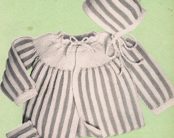 Knitted Ribbed Baby Outfit PDF Pattern / 2 piece infant pattern / vintage Infant striped bonnet and sweater pattern / PDF pattern