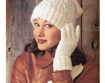 Adult's Cosy Cable hat and gloves PDF Pattern / Vintage Woman's aran style hat and gloves pattern / PDF knitted hat pattern