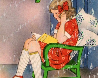 Girl Reading with Xylophone Postcard JPEG Instant Download / Vintage Postcard Digital Image / 1940's Children's Birthday Card Image