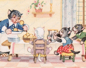 Gatos y gatitos cenando postal vintage JPEG Descarga instantánea / Imagen digital de postal vintage / Gatos antropomórficos de 1940