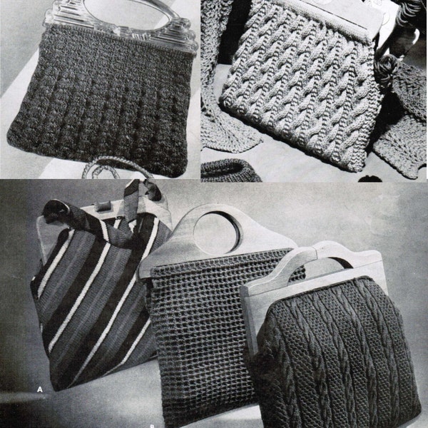 Handbag Knitting and Crocheting Patterns (set of 5) / Purse Pattern PDF / Waffle stitch crochet bag / Striped Knitted bag / Cable knit bag