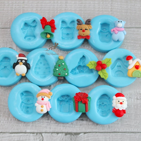 SET 10 Moules en silicone Noël, Bonhomme de neige, Rennes, Orsachiotto, Cloche, Arbre de Noël, Père Noël, Coffret cadeau, Pingouin, Petite maison-NAT20KIT