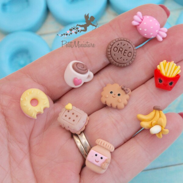 Ensemble de 9 moules en silicone Kawaii, tasse, biscuit, bonbon, beignet, banane, chips, pot miniature, moule fimo, résine, bijoux-SET000