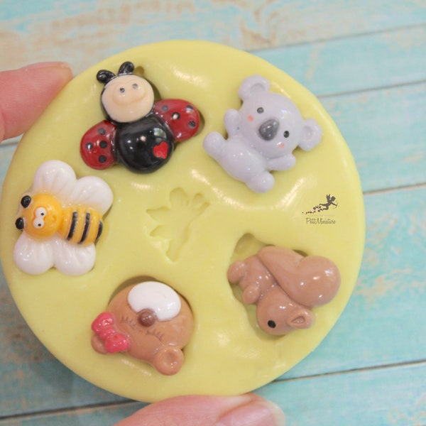 Kawaii Silicone Moule Abeille-Koala-Écureuil-Ours-Coccinelle-Bijoux Moule-Animal Moule-Fimo Moule-Résine Moule-ANIM-F-KIT