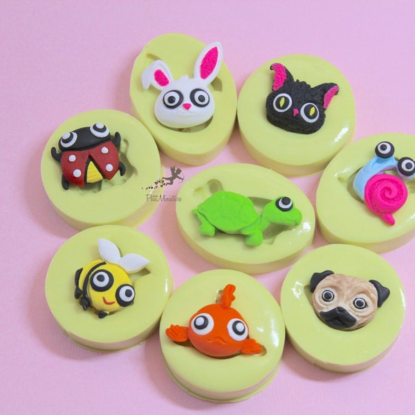 Ensemble de 8 moules en silicone pour Fimo-Turtle-Fish-Cat-Dog-Bee-Rabbit-Snail-Ladybug-Jewelry Mold-Resin Mold-Fimo Mold-ST734