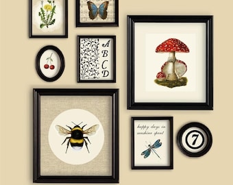 Happy Days Summer theme Set Of Prints Wall Gallery Bee Toadstool Butterfly Dragonfly Cherry Dandelion