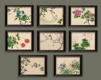 Vintage Oriental Japanese Birds and Flowers Prints Set of 8