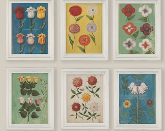 Set Of 6 Cute Naive Primitive 16th Century Colourful Botanical Prints Spring Summer Flowers  A4 or 5x7