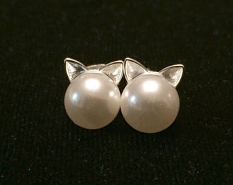 Cat Ears Pearl Stud Earrings. Cat Head Pearl Earrings. Cat Pearl Earrings.