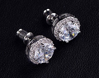 Georgina Embezzled Platinum Plated Rhinestone Solitaire Stud Earrings. Rhinestone Stud Earrings. Pave Rhinestone Earrings