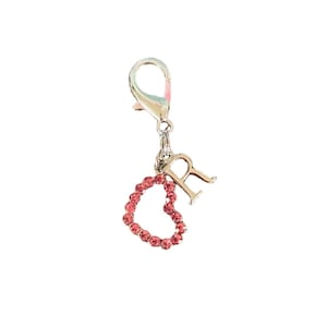 Puede incluir: Un charm plateado con cierre de mosquetón, con un corazón de pedrería rosa y una letra "R" plateada. Diseñado para joyería o accesorios.