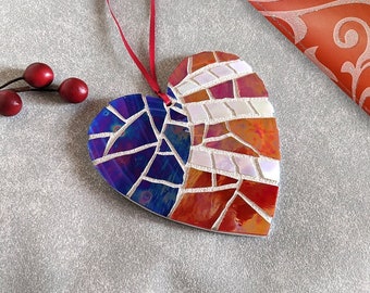 American Flag Heart Ornament, Patriotic Stained Glass Mosaic Ornament, Red White Blue Decor, Broken China Art