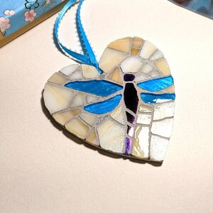 Mosaic Dragonfly Ornament, Iridescent Blue Stained Glass Heart