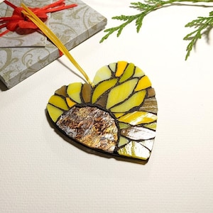 Mosaic Sunflower Ornament, Stained Glass Sunflower Heart, Recycled Glass Art