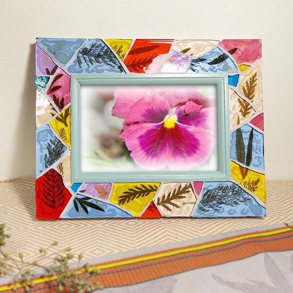 Mosaic Picture Frame with Dry Pressed Leaves, Stained Glass Photo Frame 4x6 Horizontal, Recycled Art