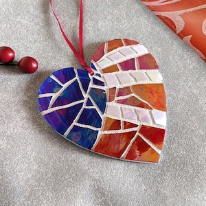 American Flag Heart Ornament: Stained Glass Mosaic, Patriotic Decor